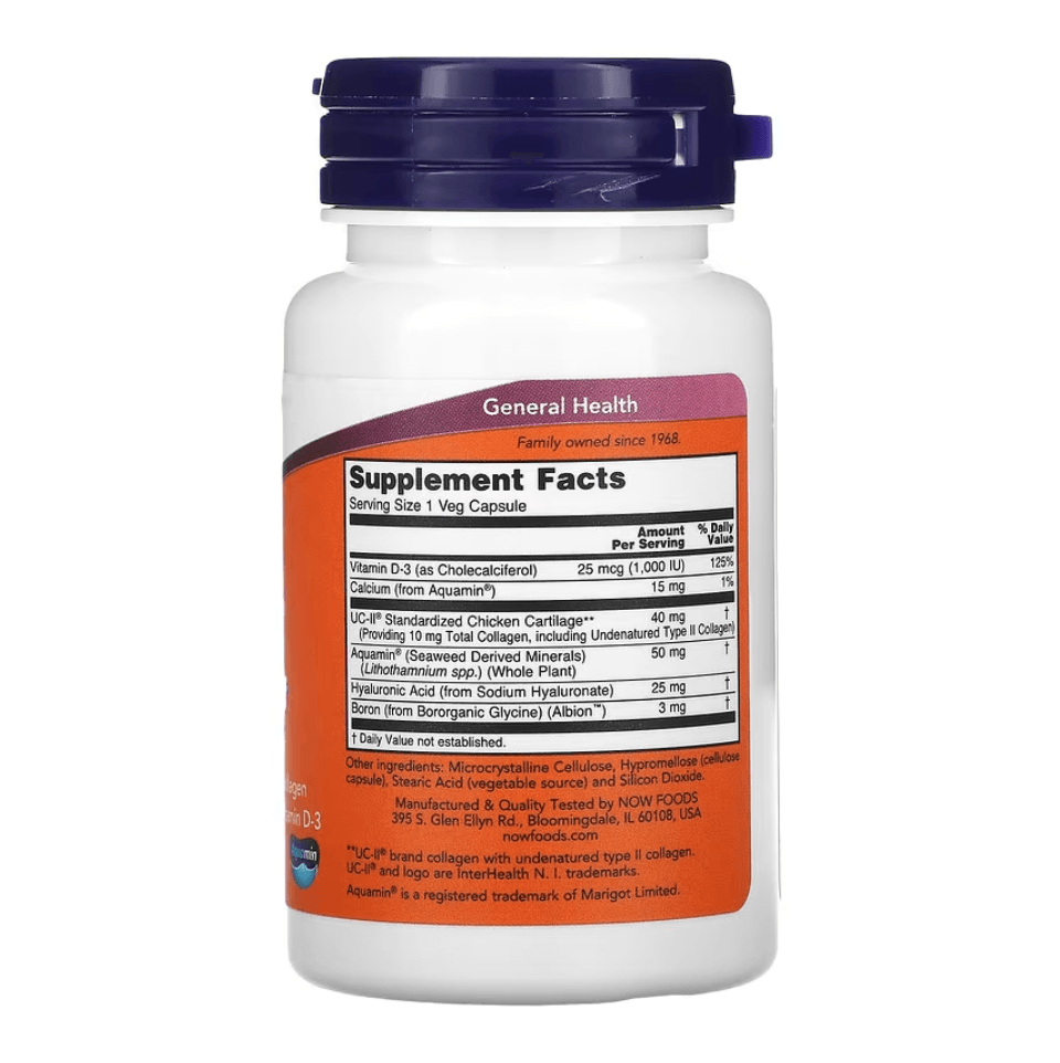 MKSTAVRINOS NOW Foods Advanced UC-II® Joint Relief supplement in 60 vegetarian capsules, showing the product bottle and label.