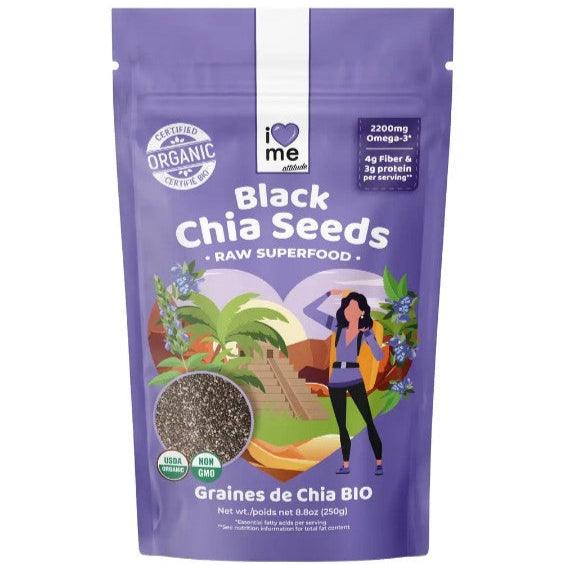 Organic raw black chia seeds in a 250g package from ILOVE ME, shown in a clear close-up image.