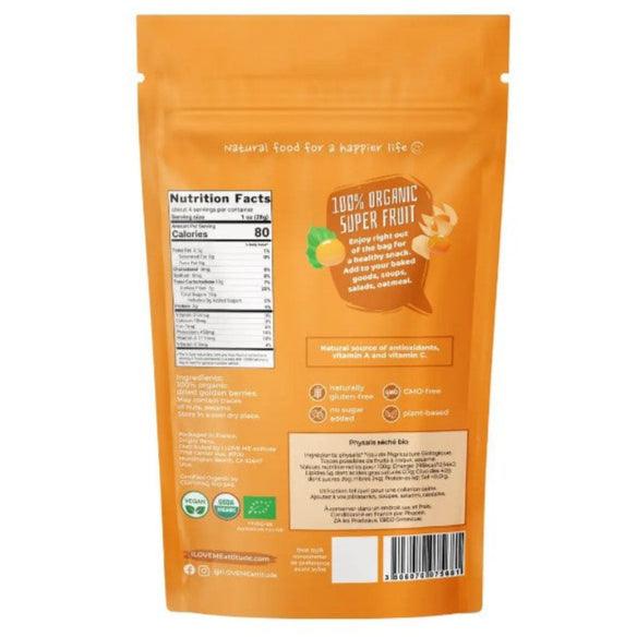 Organic dried Physalis berries from ILOVE ME, showing vibrant orange, wrinkled dried fruit in a 115g package.