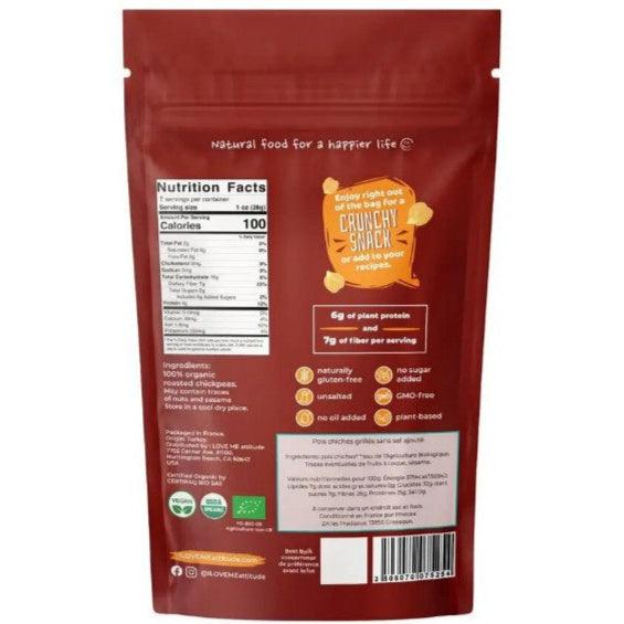 Organic roasted chickpeas from ILOVE ME superfood brand, salt-free, 200g package, shown in a clear food product image.