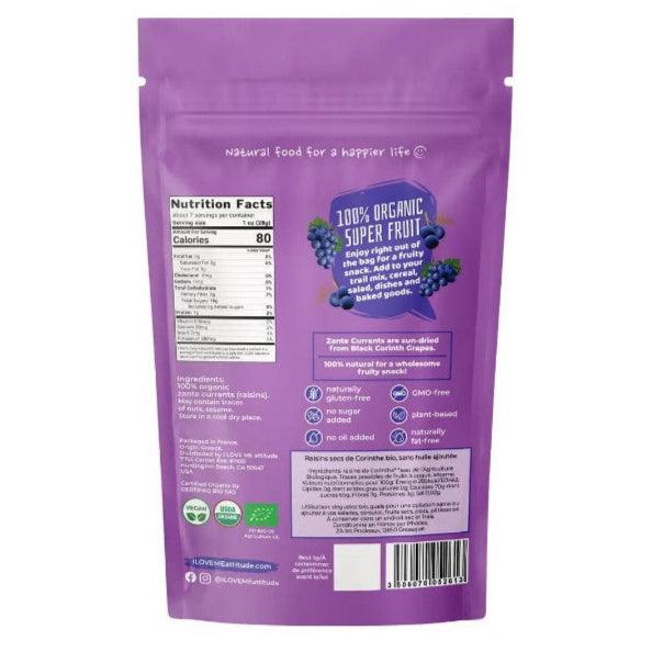 Organic Corinthian raisins by ILOVE ME in a 200g package, showing plump, dark raisins in a clear container.