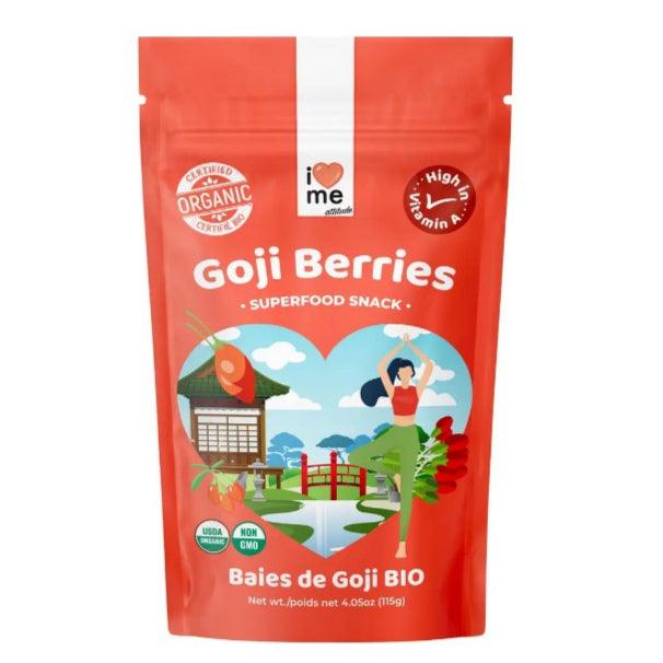 Organic dried goji berries from ILOVE ME superfood brand, shown in a clear close-up image with vibrant red berries.