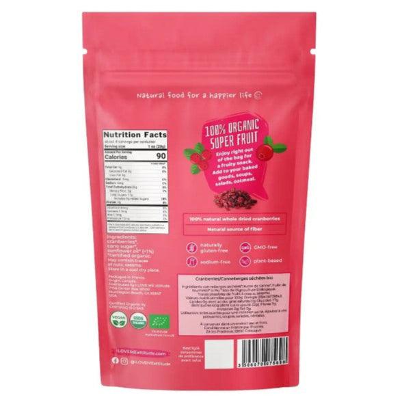 Organic cranberries from ILOVEME superfood brand in a 115g package, shown in a close-up image.