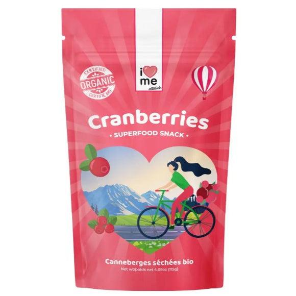 Organic cranberries from ILOVE ME superfood in a 115g package, shown in a close-up image.