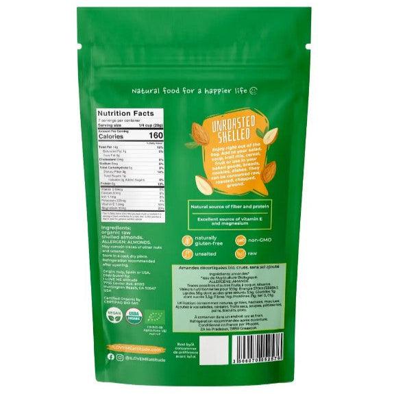 I LOVE ME organic raw shelled almonds, superfood, in a 200g package, displayed in a natural setting.