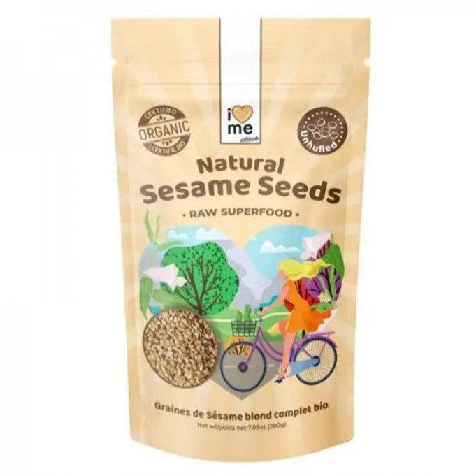 Organic sesame seeds in a 200g ILOVE ME SUPERFOOD package, shown in a clear container or packaging.