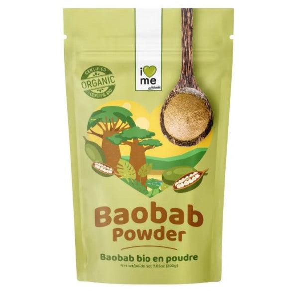 Organic I LOVE ME baobab powder superfood in a 200g package, showcasing the product's natural and healthy appearance.