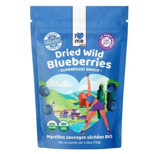 Organic dried wild blueberries from ILOVE ME superfood brand, close-up of vibrant blue berries in a 115g package.