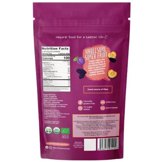Organic pitted prunes from ILOVE ME superfood brand, fresh and dark, in a 200g package, perfect for healthy snacking.