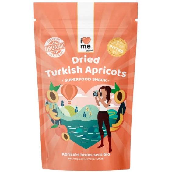 Organic dried apricots from ILOVE ME superfood brand, shown in a clear image of the dried fruit on a white background.