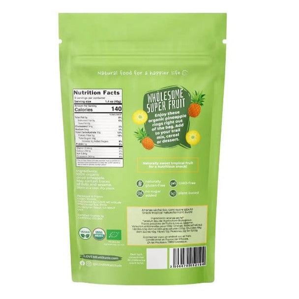 Organic dried pineapple slices from ILOVE ME superfood brand, shown in a 115g package. Bright yellow, chewy dried fruit.