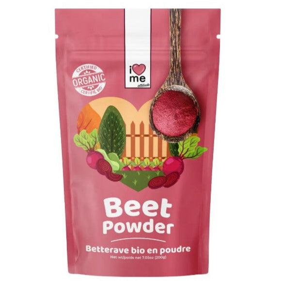 Organic beetroot powder from ILOVE ME superfood in a 200g package, shown in a clear image with vibrant beetroot powder.