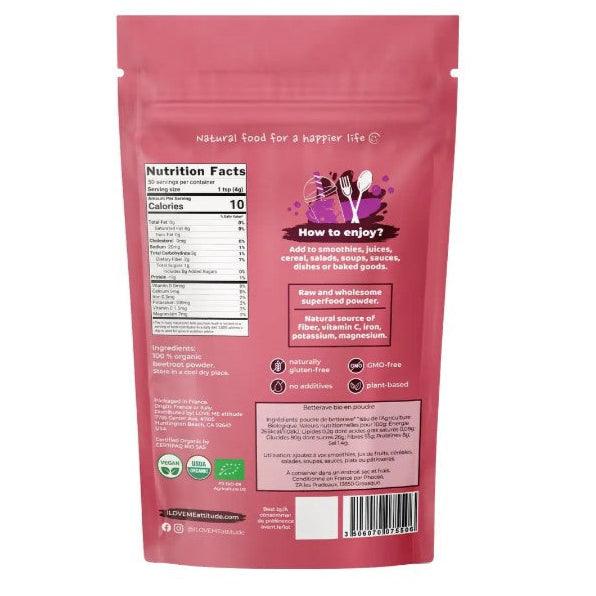 Organic beetroot powder from ILOVE ME superfood in a 200g package, featuring vibrant beetroot powder in a clear container.
