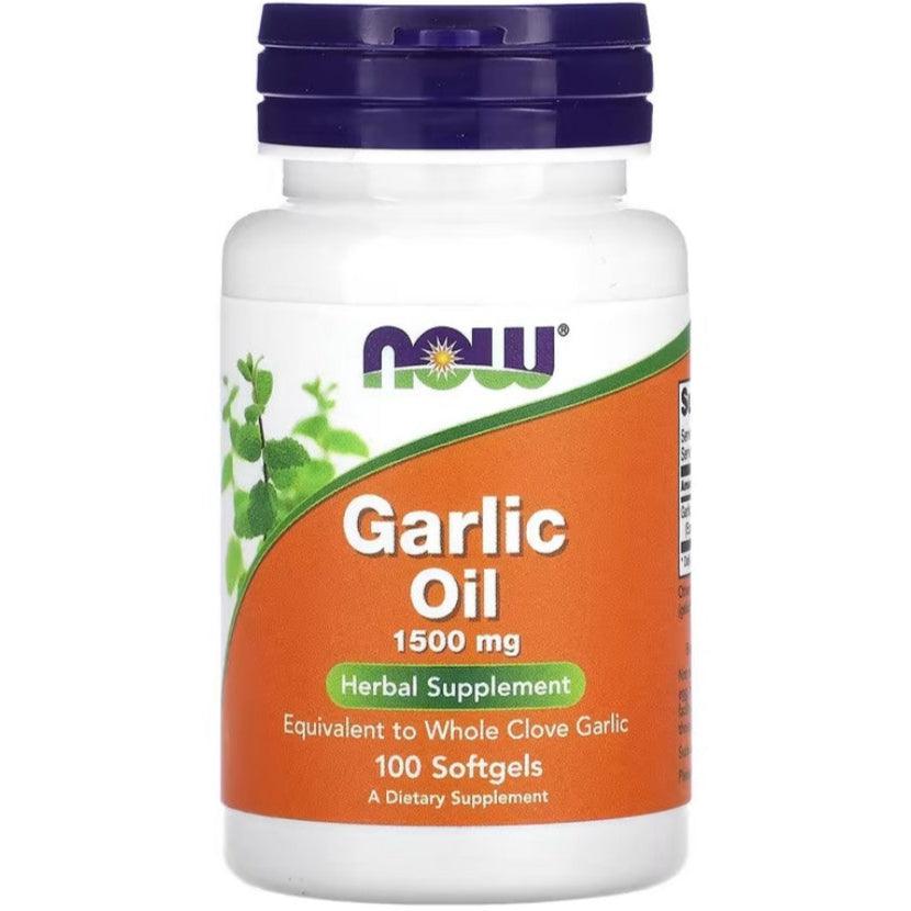 MKSTAVRINOS NOW Foods garlic oil supplement softgels, 1500 mg, bottle of 100 softgels, close-up of the supplement container
