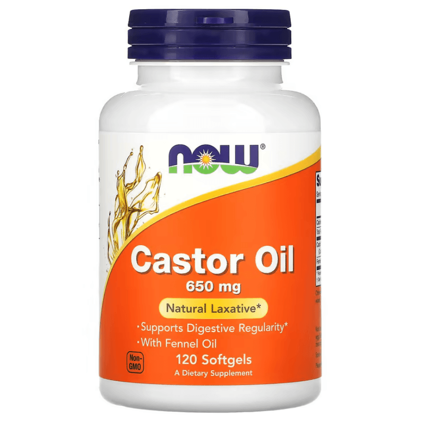 MKSTAVRINOS NOW Foods castor oil supplement softgels, 650 mg, 120 softgels bottle on white background