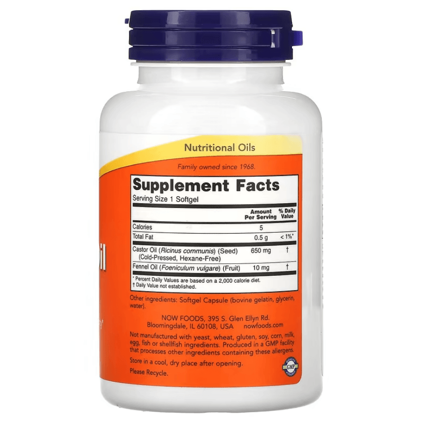 MKSTAVRINOS NOW Foods castor oil supplement softgels, 650 mg, 120 softgels in a bottle, dietary supplement for health support