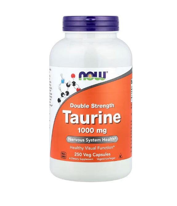 MKSTAVRINOS NOW Foods Taurine supplement, 1,000 mg, 250 vegetarian capsules, close-up of the supplement bottle and capsules