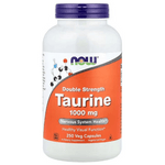 MKSTAVRINOS NOW Foods Taurine supplement bottle with 250 vegetarian capsules, 1,000 mg per capsule, in a clear container