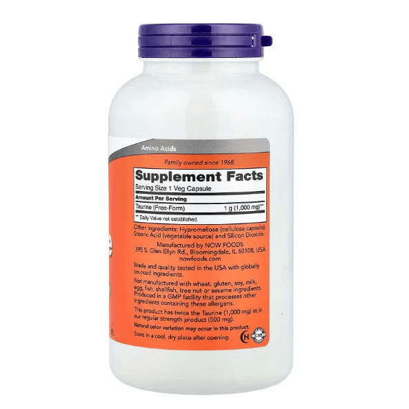 MKSTAVRINOS NOW Foods Taurine supplement bottle with 250 vegetarian capsules, 1000 mg per capsule, dietary supplement for health.