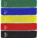Full-body resistance band set by TEMU, includes four vibrant no-slip elastic fitness bands for home gym and stretching exercises.