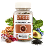 Bottle of Strength & Spices Cholesterol Care supplement capsules with label showing 60 capsules, designed for heart health support.