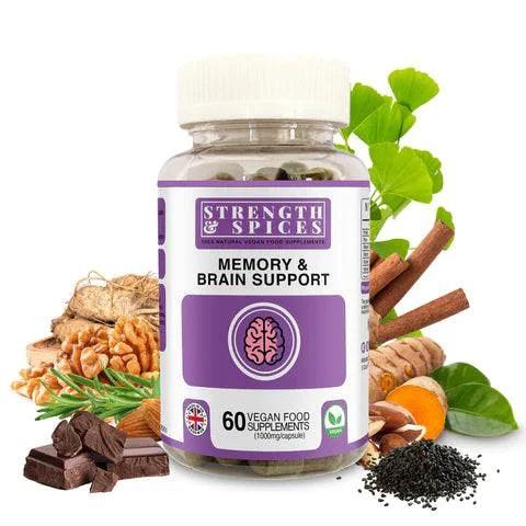 Strength & Spices Memory & Brain Support supplement with 60 capsules, featuring 1000mg of ingredients for cognitive health.