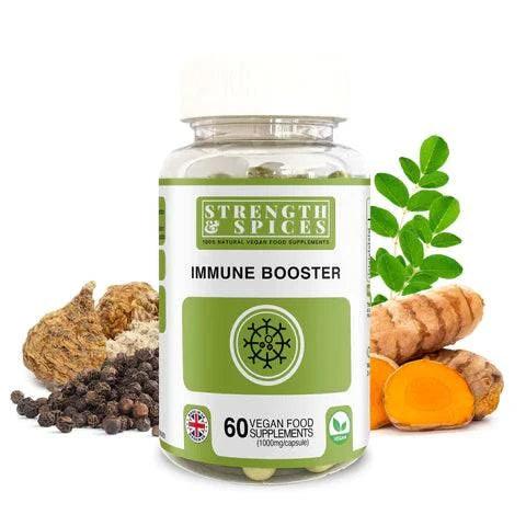 Bottle of Strength & Spices Immune Booster supplement with 60 capsules, showing the label and capsule contents.