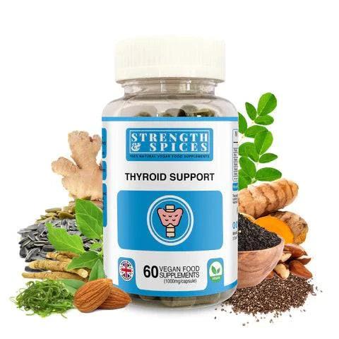 Bottle of Strength & Spices thyroid support supplement with 60 capsules, featuring spice-infused formula for hormone health.