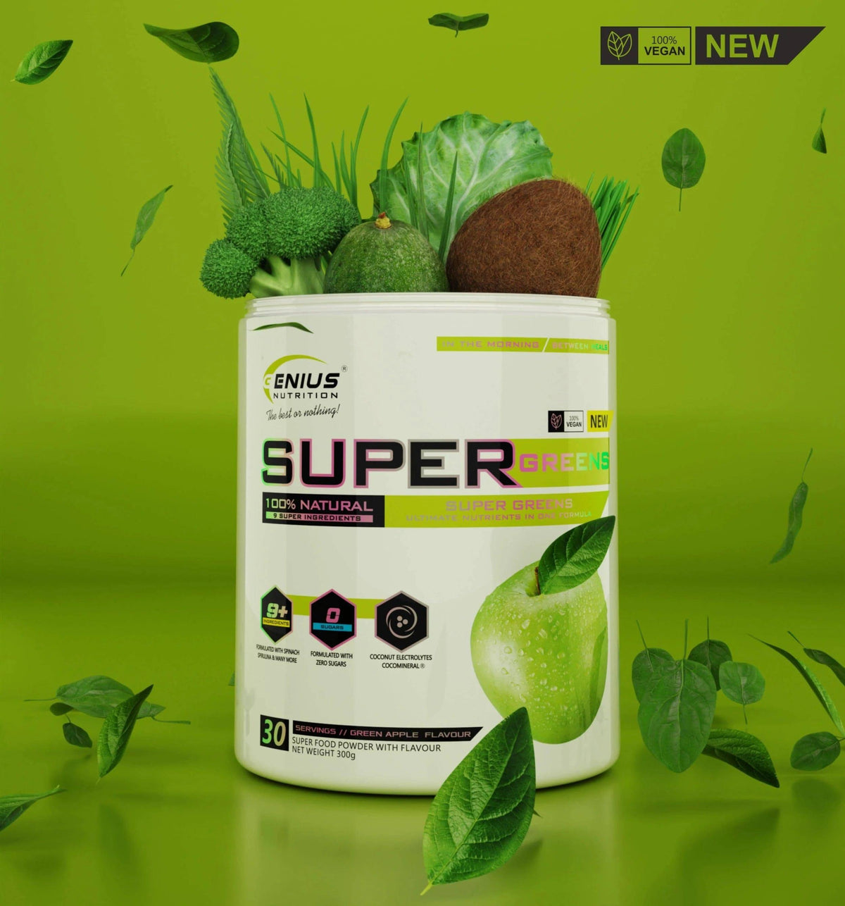 Genius Nutrition Super Greens superfood powder in 300g container, vibrant green blend of nutritious greens and superfoods.