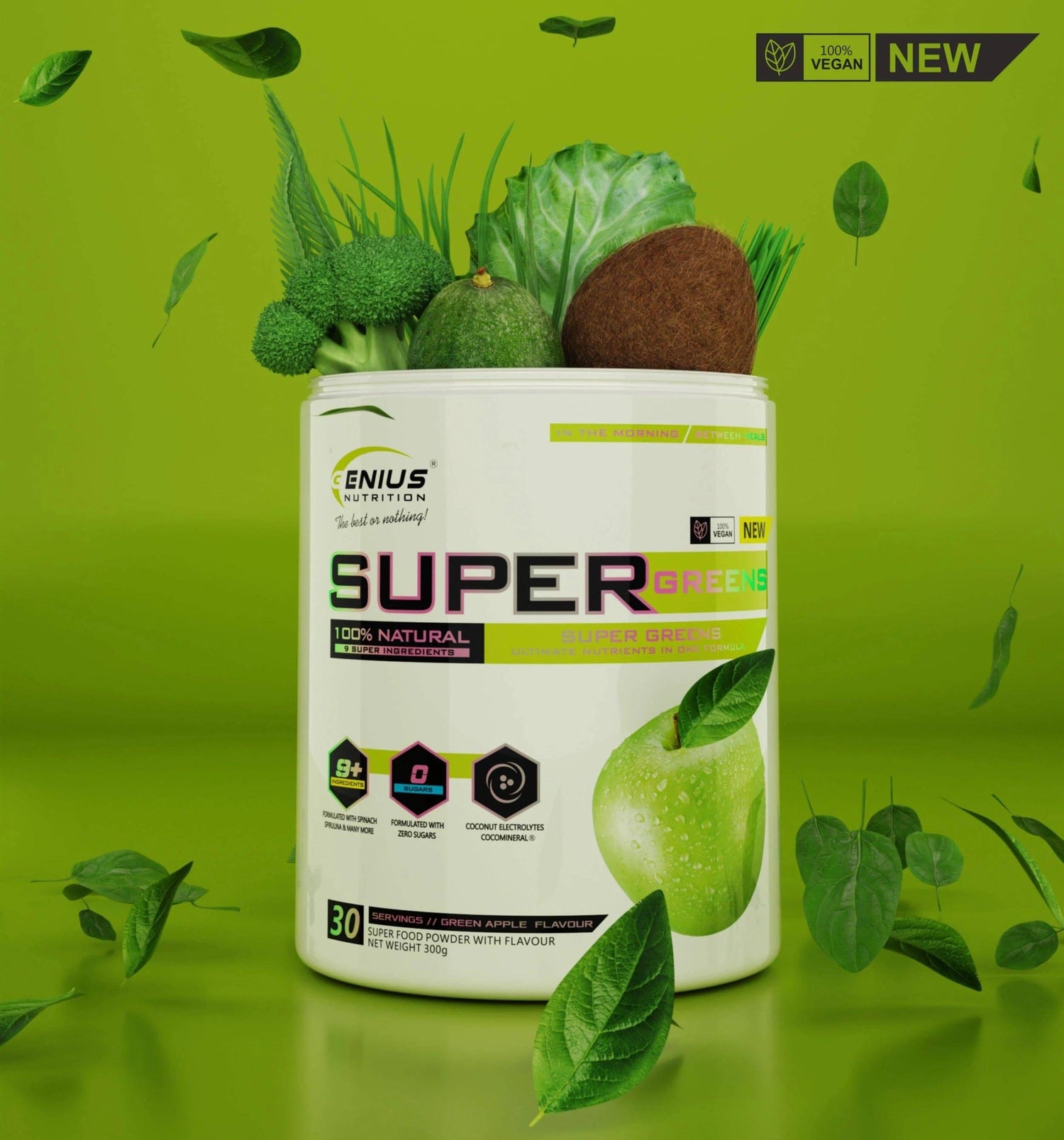 Genius Nutrition Super Greens superfood powder in 300g container, vibrant green blend of nutritious greens and superfoods.