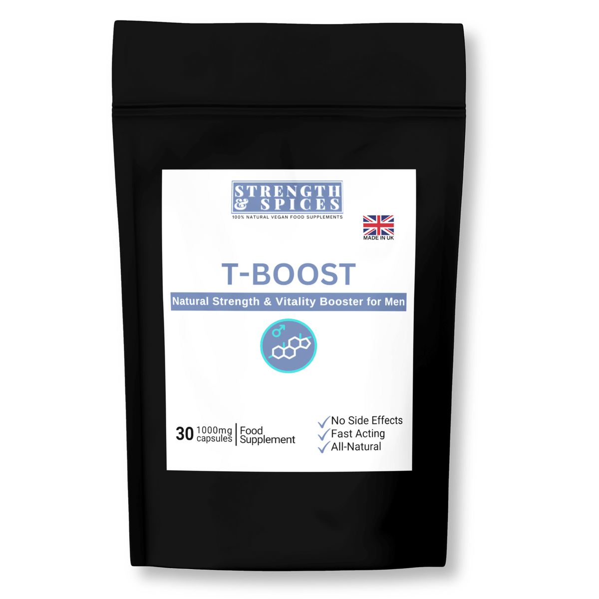 Natural energy and vitality supplement for men by Strength & Spices, featuring herbal ingredients and spices in a supplement bottle.
