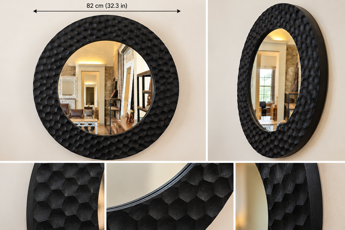 Decorative black carved round wall mirror with textured surface, 82 cm diameter, suitable for boho Indian style home decor.