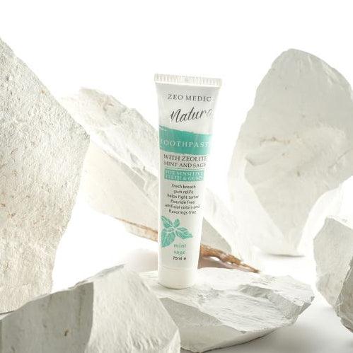 Zeo-Medic natural toothpaste with zeolite, mint, and sage flavor in a 75ml tube for oral hygiene and fresh breath.