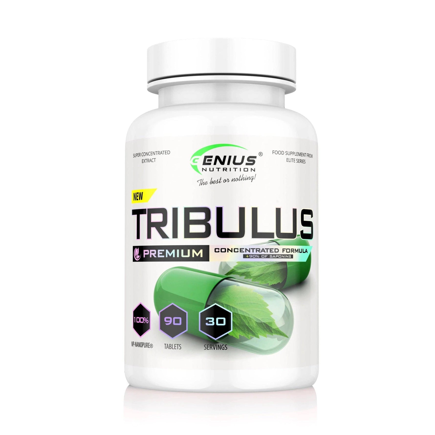 Genius Nutrition Tribulus supplement bottle with 90 tablets, natural herbal supplement for athletic performance and vitality