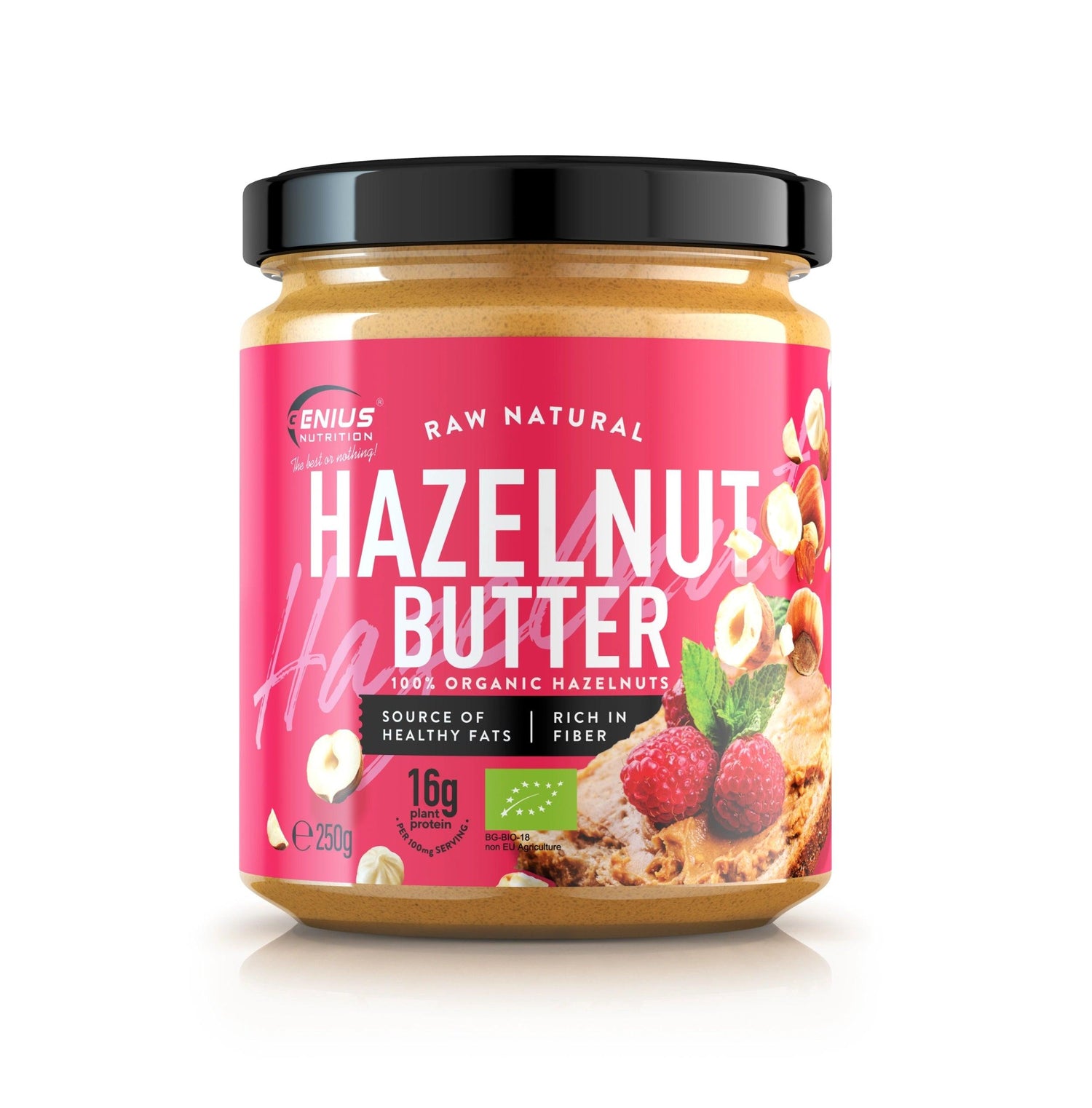 Creamy BIO hazelnut spread from Genius Nutrition in 250g jar, showcasing smooth, nutty texture with a natural, wholesome appearance.