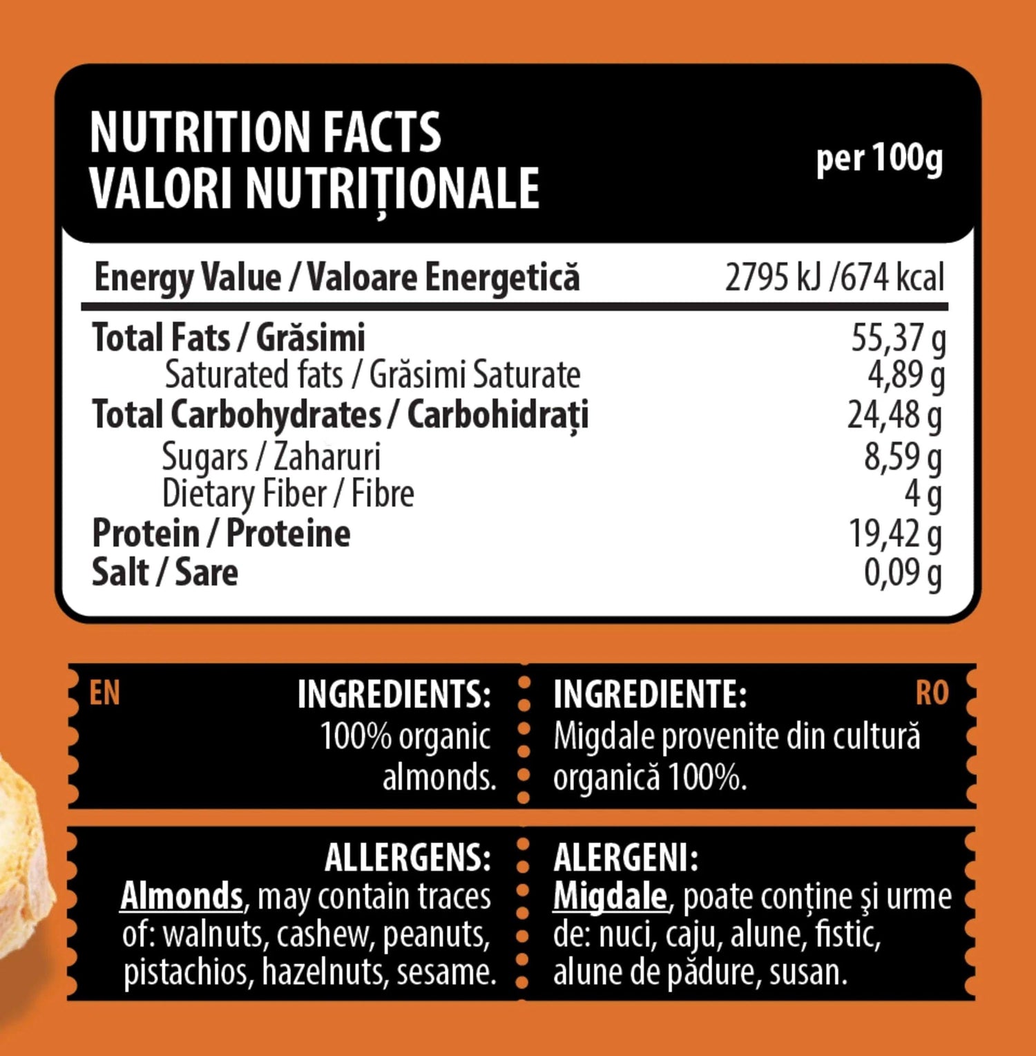 Creamy BIO almond butter spread from Genius Nutrition in a 250g jar, showcasing smooth texture and natural almond appearance.