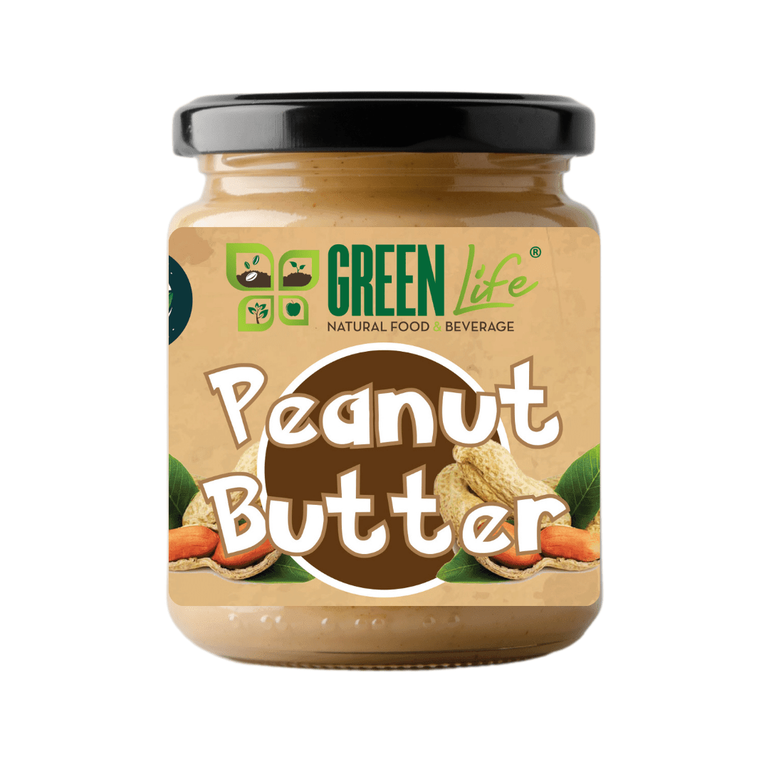 Green Life Cyprus peanut butter jar with a green label and spoon, showcasing creamy peanut butter in a glass jar.