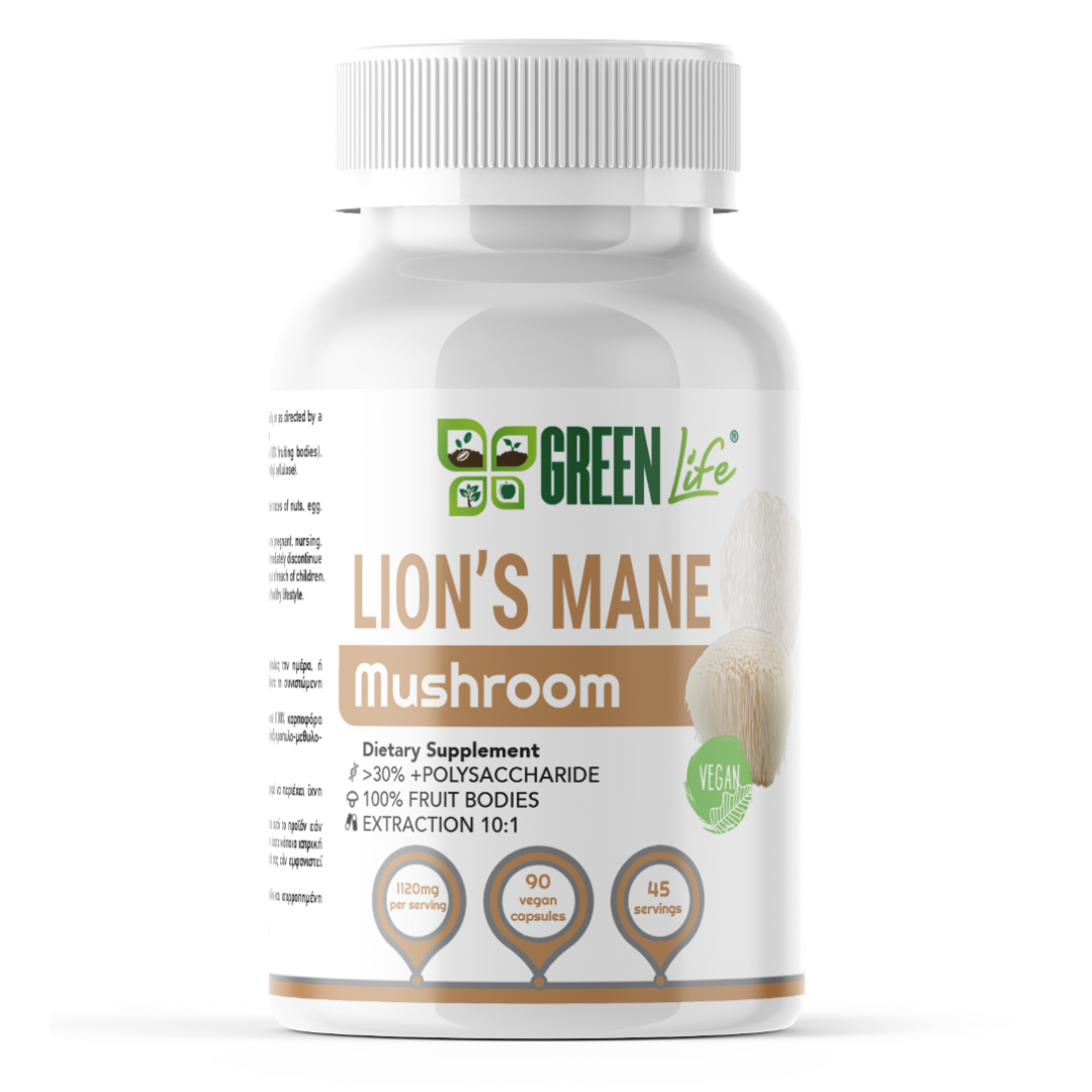 Green Life Lion’s Mane Mushroom capsules for cognitive and nervous system support, shown in a bottle with green and white label.