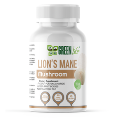 Green Life Lion’s Mane Mushroom capsules for cognitive and nervous system support, shown in a bottle with green and white label.