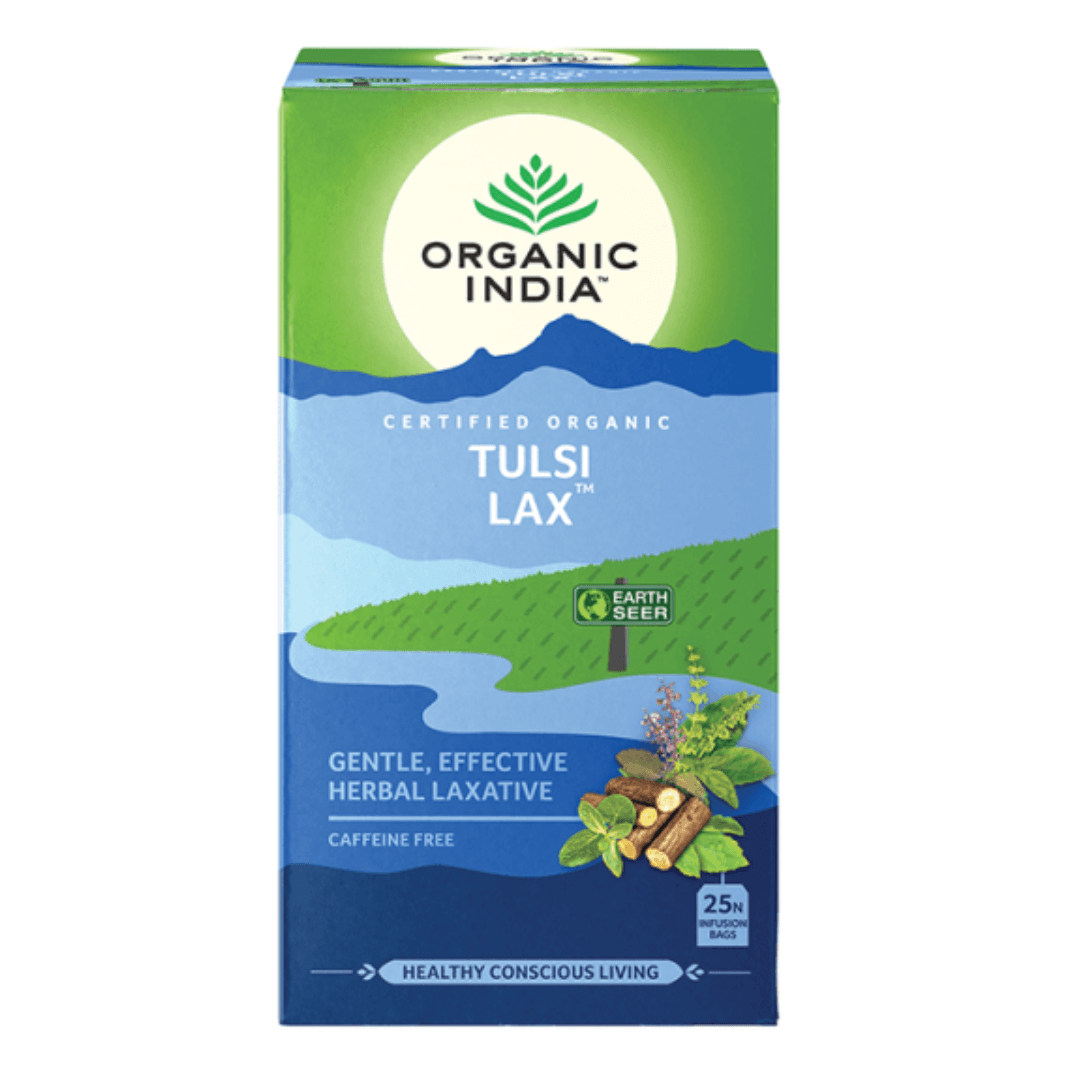 Organic India BIO Tulsi Tea by HERBALISTAS featuring 25 caffeine-free infusion bags with fresh, aromatic herbal tea leaves.