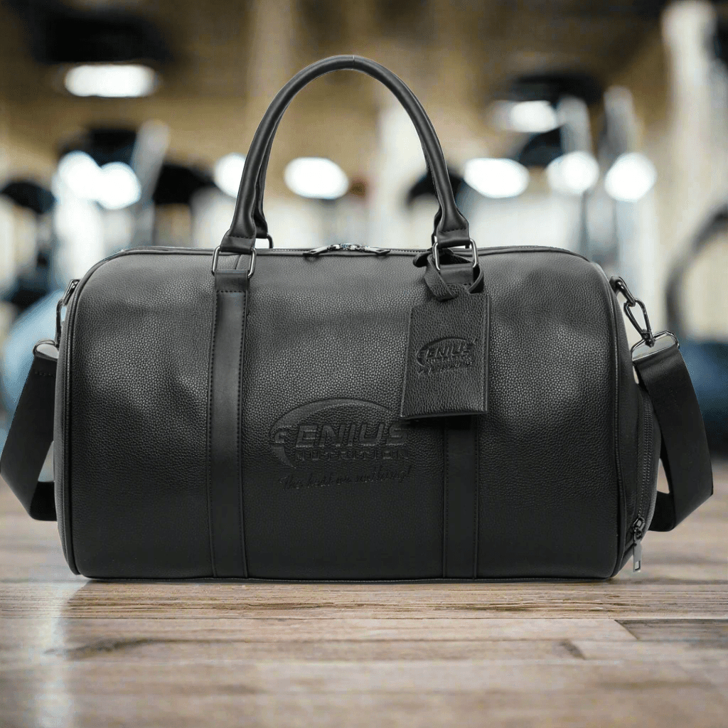 Genius Nutrition bag featuring a sleek black design with the brand logo, designed for convenient storage and transport.