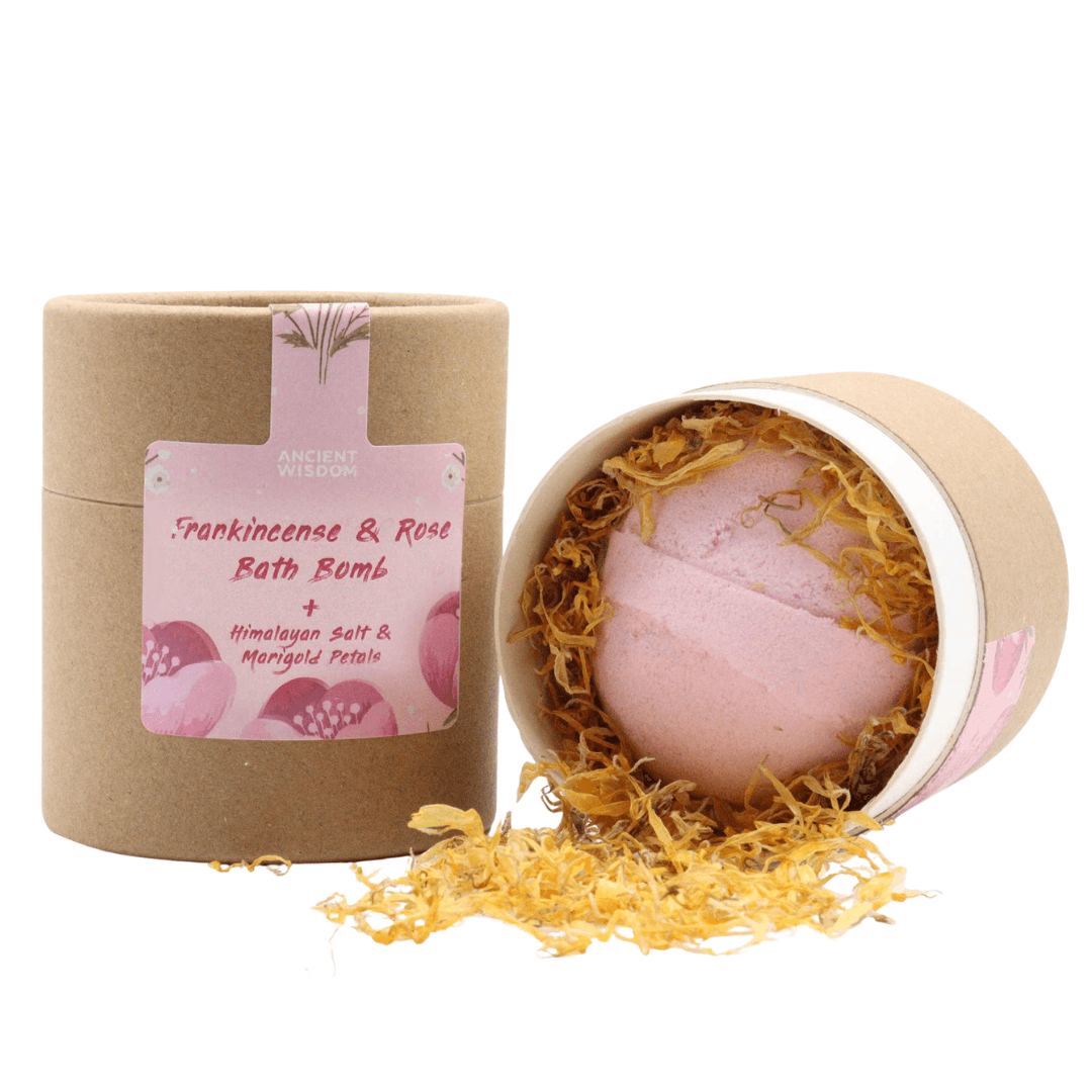 Frankincense and rose bath bomb by AW GIFTS with a colorful, fragrant bath bomb in a clear container.