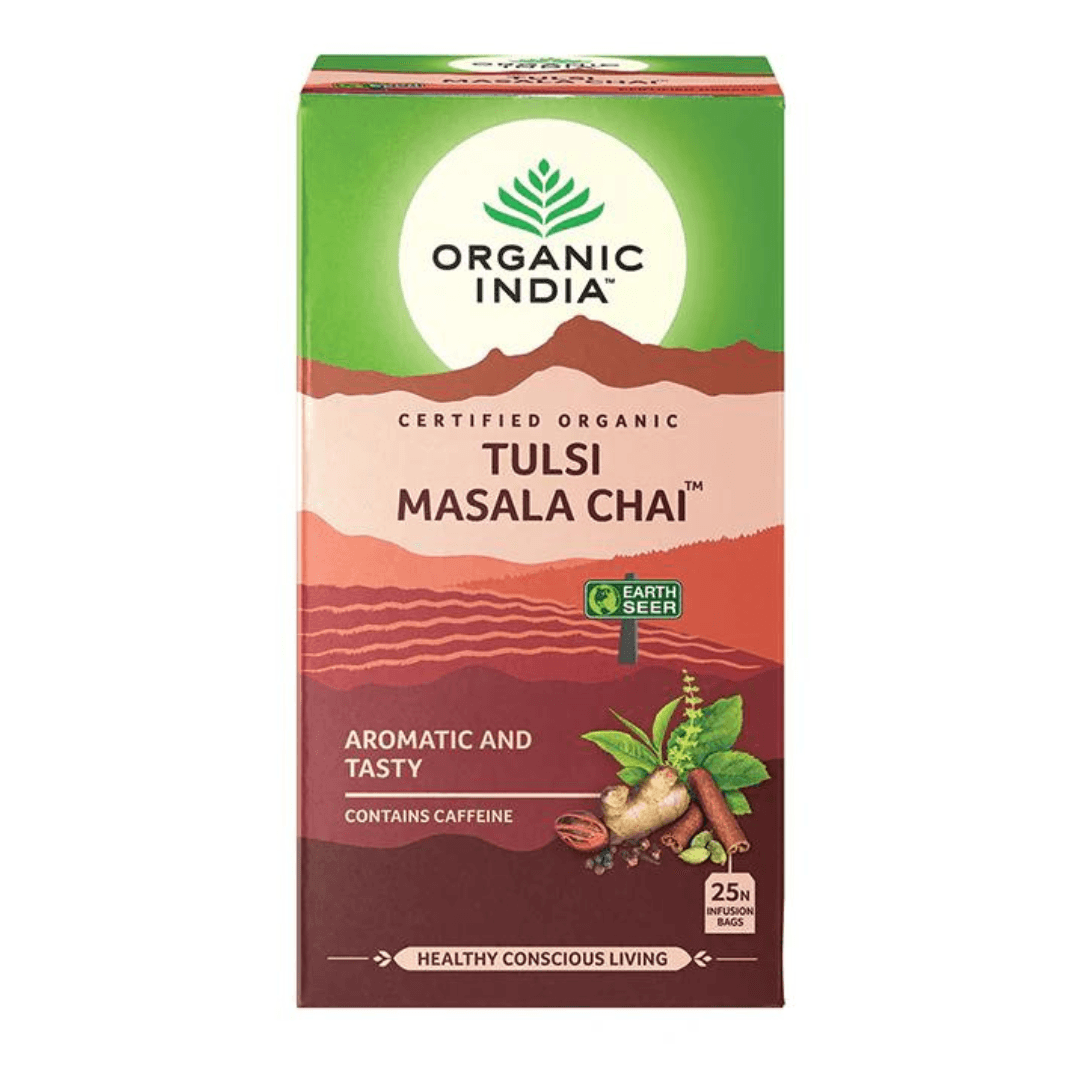 Organic India BIO Tulsi Masala Chai Tea infusion bags by Herbalistas, featuring aromatic tea leaves and spices in a box.