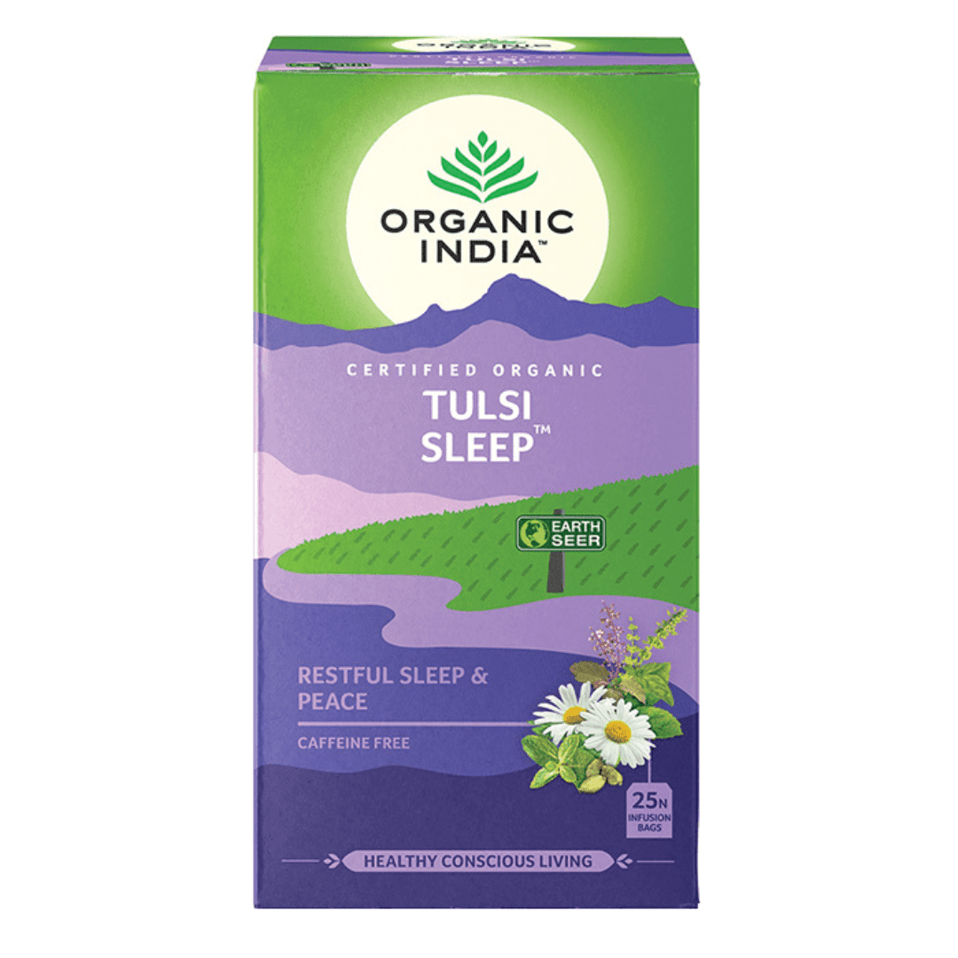 Organic India BIO Tulsi Tea Sleep herbal tea with 25 caffeine-free infusion bags, featuring natural tulsi leaves for relaxation.