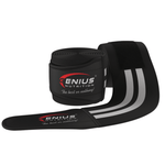 Genius Nutrition FASE PENTRU GENUNCHI GN-1 knee wraps, black and gray, showing elastic material and wrap design for support