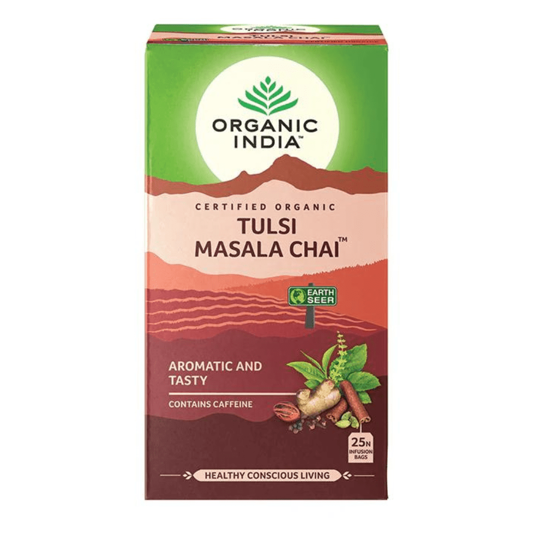 Organic India Tulsi Tea Tummy caffeine-free infusion bags, herbal tea with tulsi leaves in a box, natural digestive support.