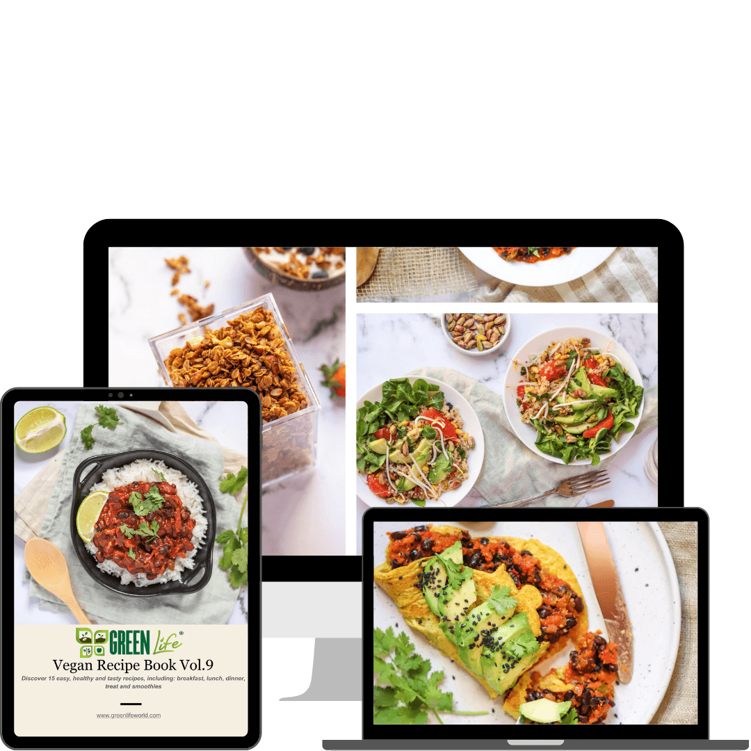 Green Life 15 Vegan Recipe Book Vol.9 by GREEN LIFE BOOKS, showing colorful vegan recipe pages and plant-based dish images.