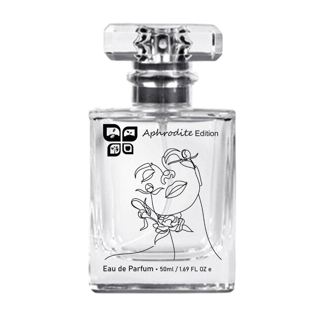 Green Life Aphrodite Edition perfume bottle with green and gold accents, elegant design inspired by B*rberry Her.