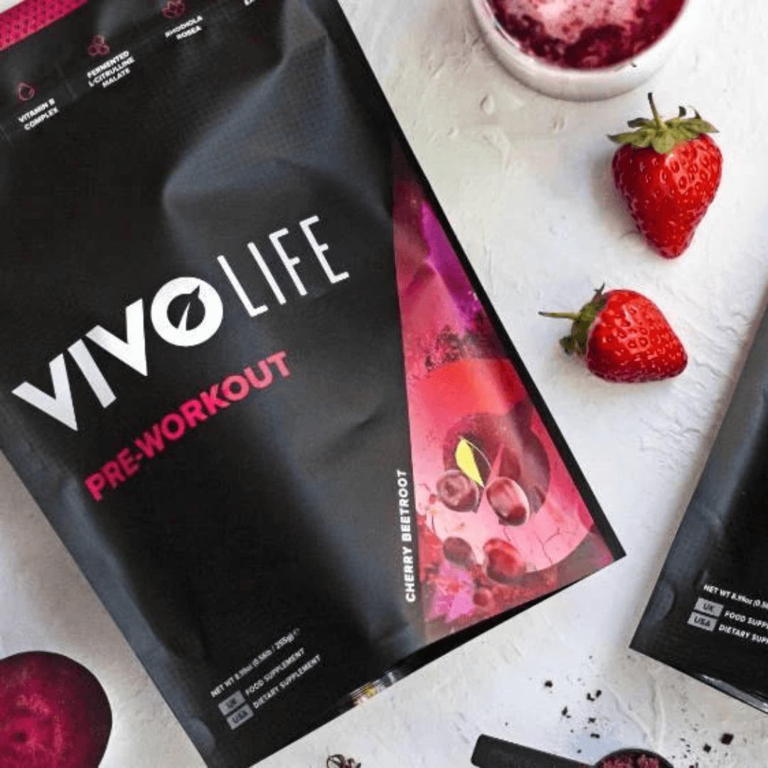 Vivo Life pre workout supplement container with vibrant label, showcasing natural ingredients and branding on a clean background.