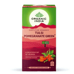 Organic India BIO Tulsi Pomegranate Green Tea in 25 infusion bags, featuring fresh green tea leaves with pomegranate and tulsi herbs.